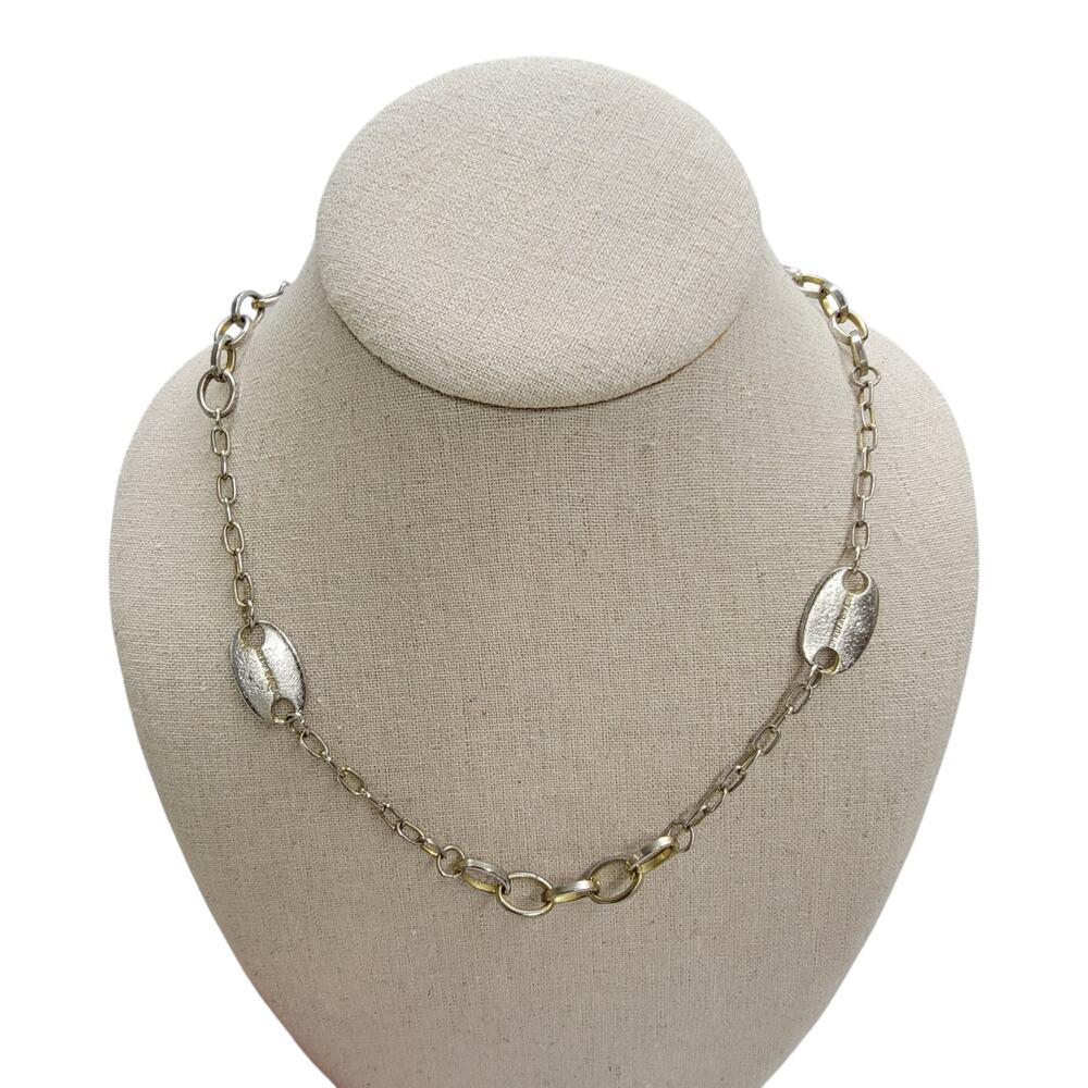 Dyrberg Kern Long Station Necklace Silver Gold Tone Oval Link Logo Plaque